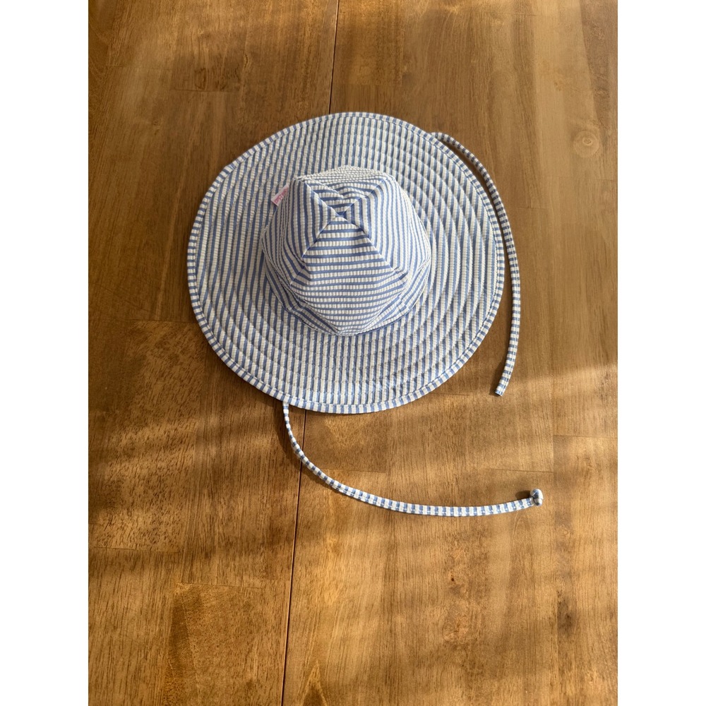 RuffleButts Baby Blue White Seersucker Sun Hat Wide Brim Chin Strap 0-12m